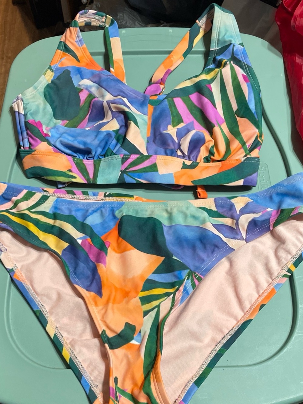 Kona Sol Bright Tropical Print Bikini in Blue, Orange, Green & Pink